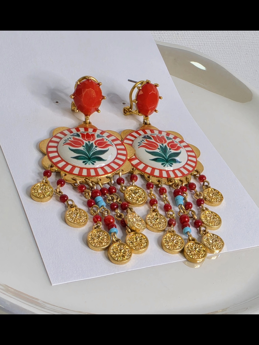 Zara Gold-Tone Red Orange  Floral Coin Drop Earrings - Picture 2 of 4
